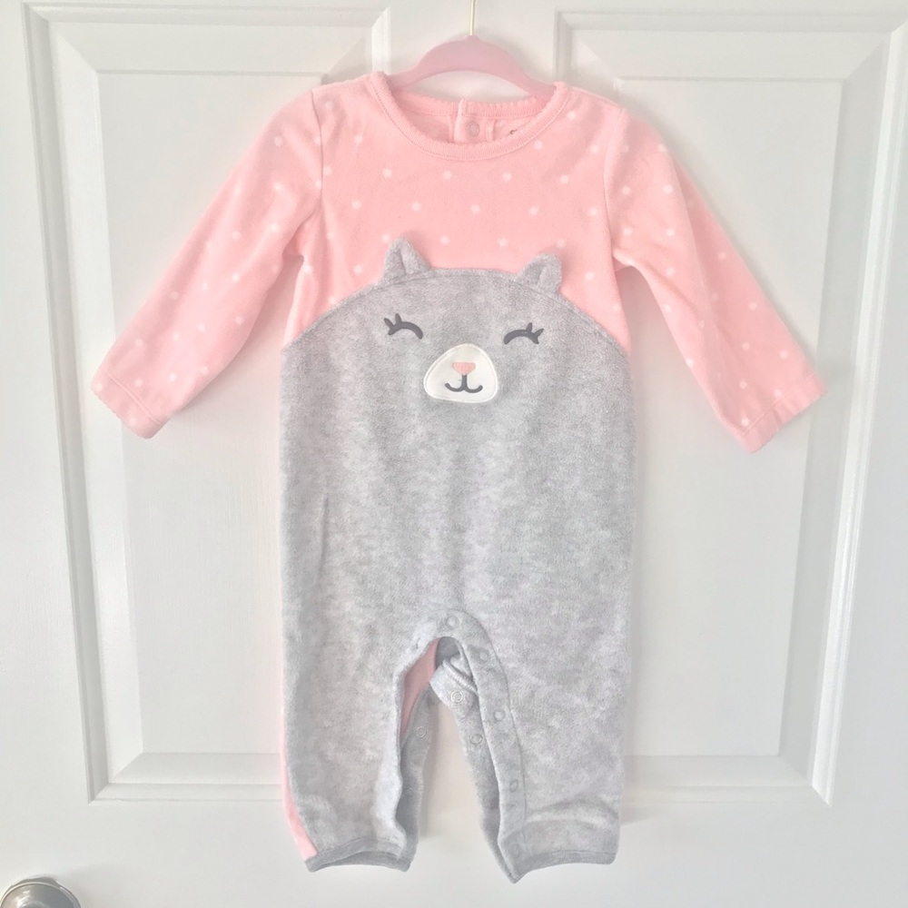 Carter’s comfy fleece Onesie, pink and gray